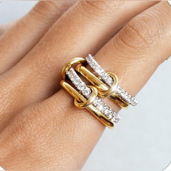 Interlocked Stackable Ring 14K Gold Plated Mixed Metal & Cubic Zirconia - BNIB - Picture 3 of 7